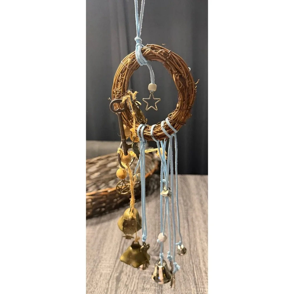 Handmade Witches Bells Protection Charm Door Hanger Blue Cord Moon‎ & Bell Decor